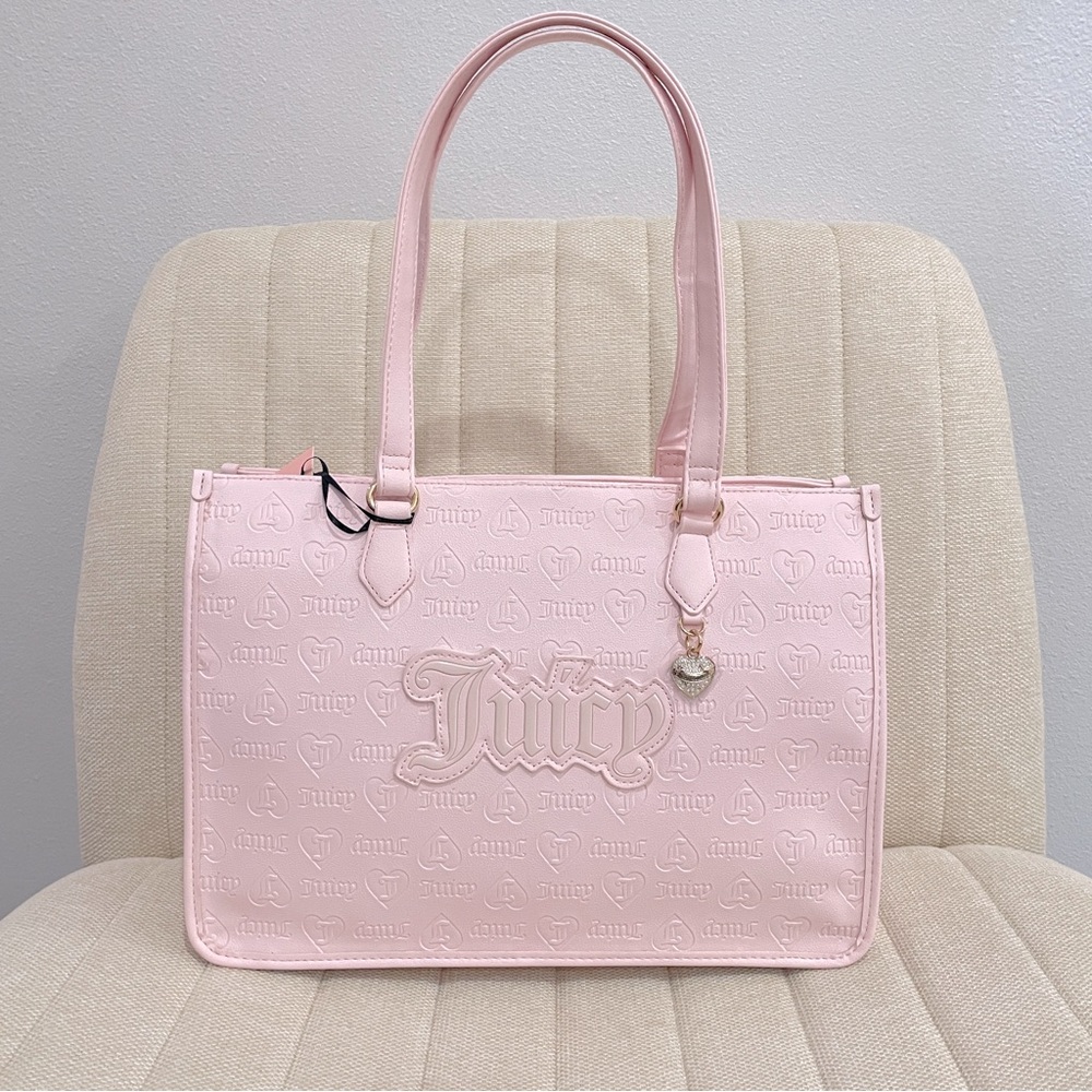 NEW Juicy Couture Pink Embossed Logo Heart Tote Bag Gold Hardware Charm